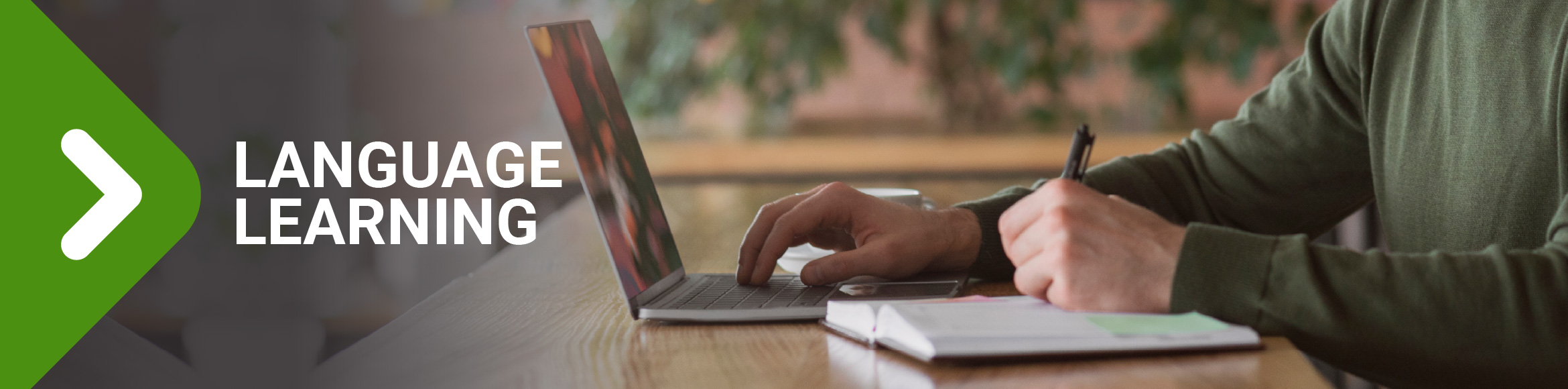 "Language Learning" arrow graphic over photo of person studying at a computer