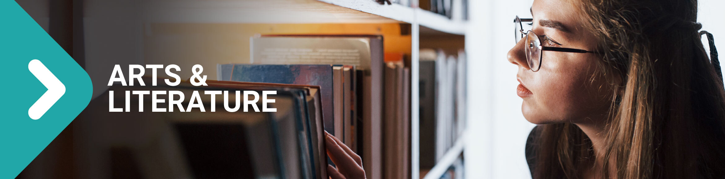 "Language & Literature" arrow graphic over photo of young woman looking through library shelves