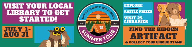 Suffolk Libraries Summer Tour Banner featuring images of bears and camping, including dates July 1st-August 31st.