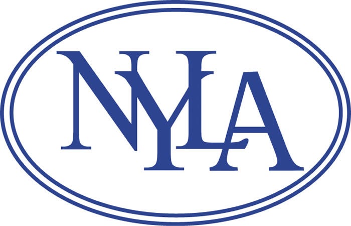 The letters "NYLA" in navy text inside a double lined oval.