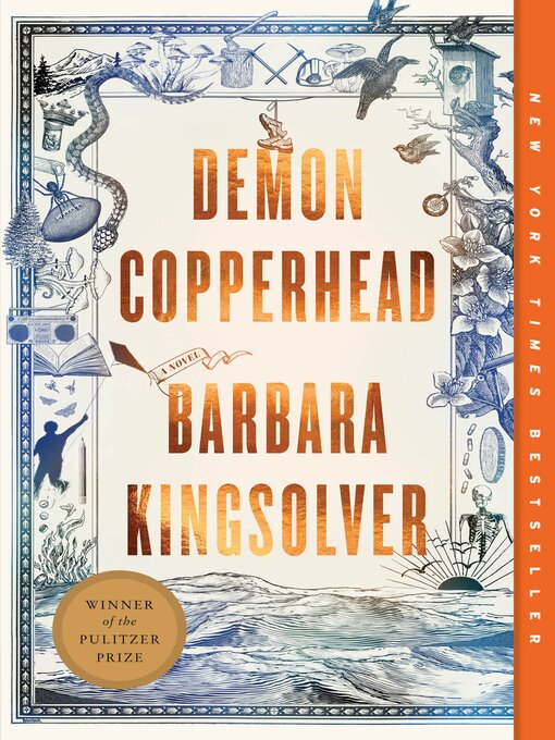 Book Cover featuring the text "New York Times Bestseller - Demon Copperhead by Barbara Kingsolver" in orange and gold font, with blue decorative images framing the text.