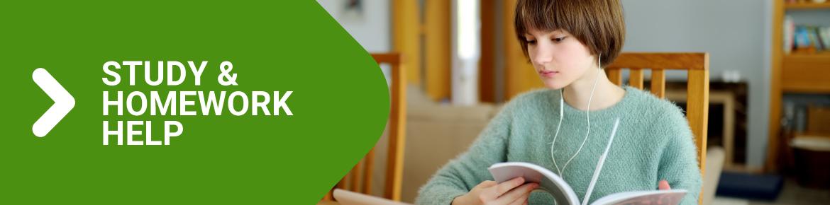 "Study & Homework Help" arrow graphic over photo child studying
