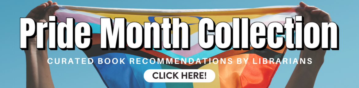 Someone holding a pride flag with the words "Pride Month Collection, click here" in front in white font.