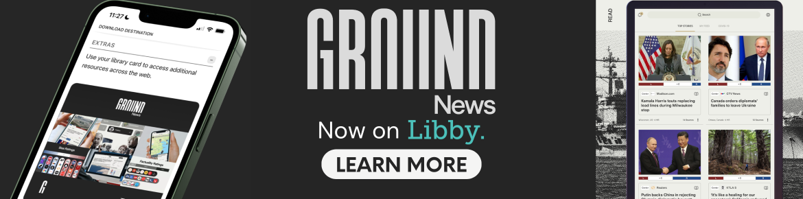 "Ground News Now on Libby: Learn More" in white, green and black font. To either side of the text is screenshots of the GroundNews platform.